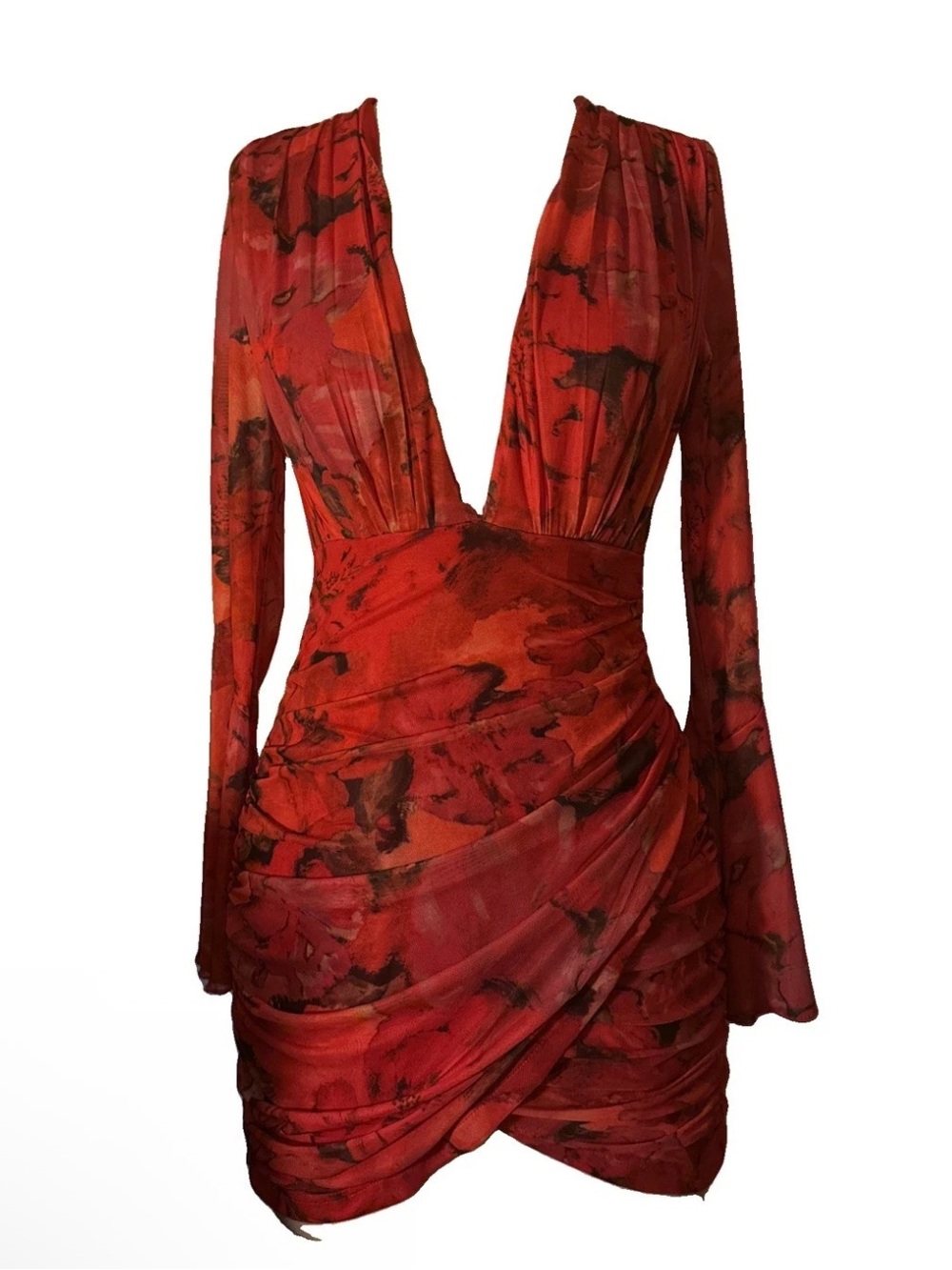 Hello Molly Red Plunge Ruched Long-Sleeve Dress